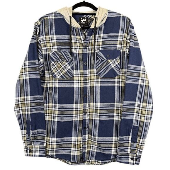 WXYZ Mfg Co Men's Hooded Flannel Blue White Gold Plaid Drawstring Size XL - Picture 1 of 7